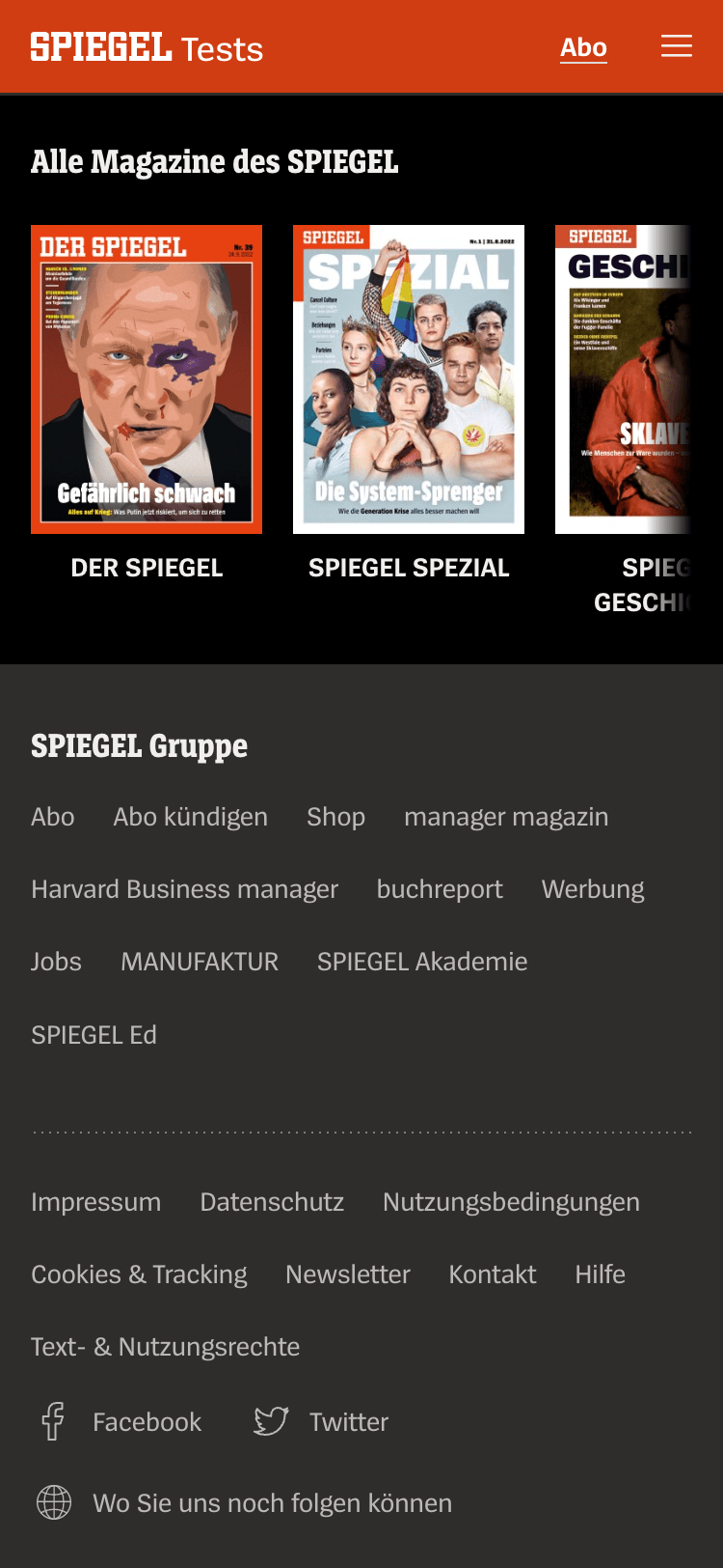 Mobile screenshot of the Der Spiegel website footer. The header contains the Spiegel logo and a menu button. Below that there is a row of magazine cover images that extend off screen. In the lower half of the screen there is a list of page links followed by social media links.